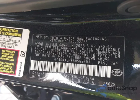 2025 Toyota Camry Xle z USA, uszkodzony, nr VIN 4T1DAACK8SU583703